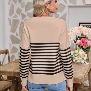 Amazon Women's Beige Sweater with Black Stripes